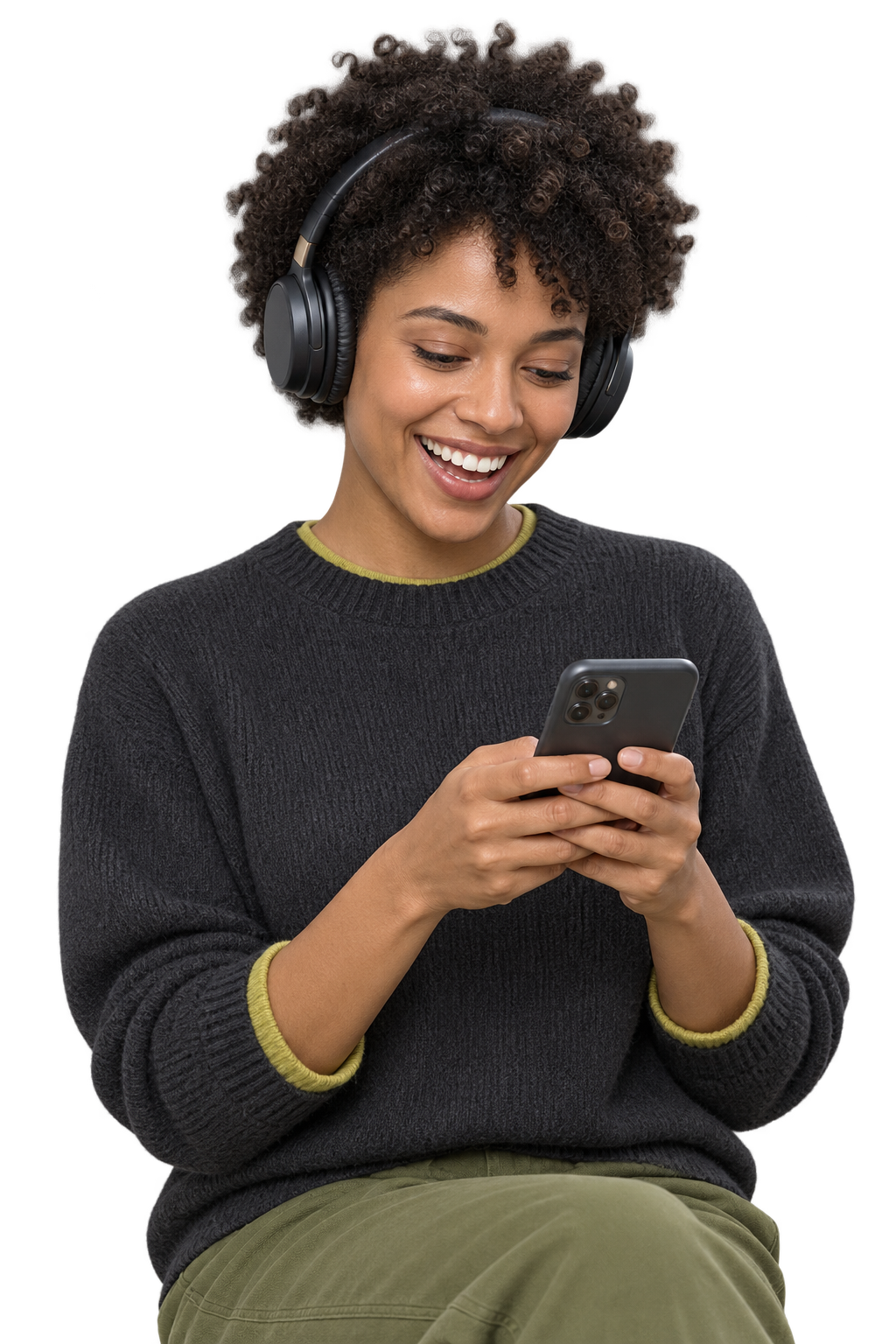A learner smiling while exploring a question on her phone